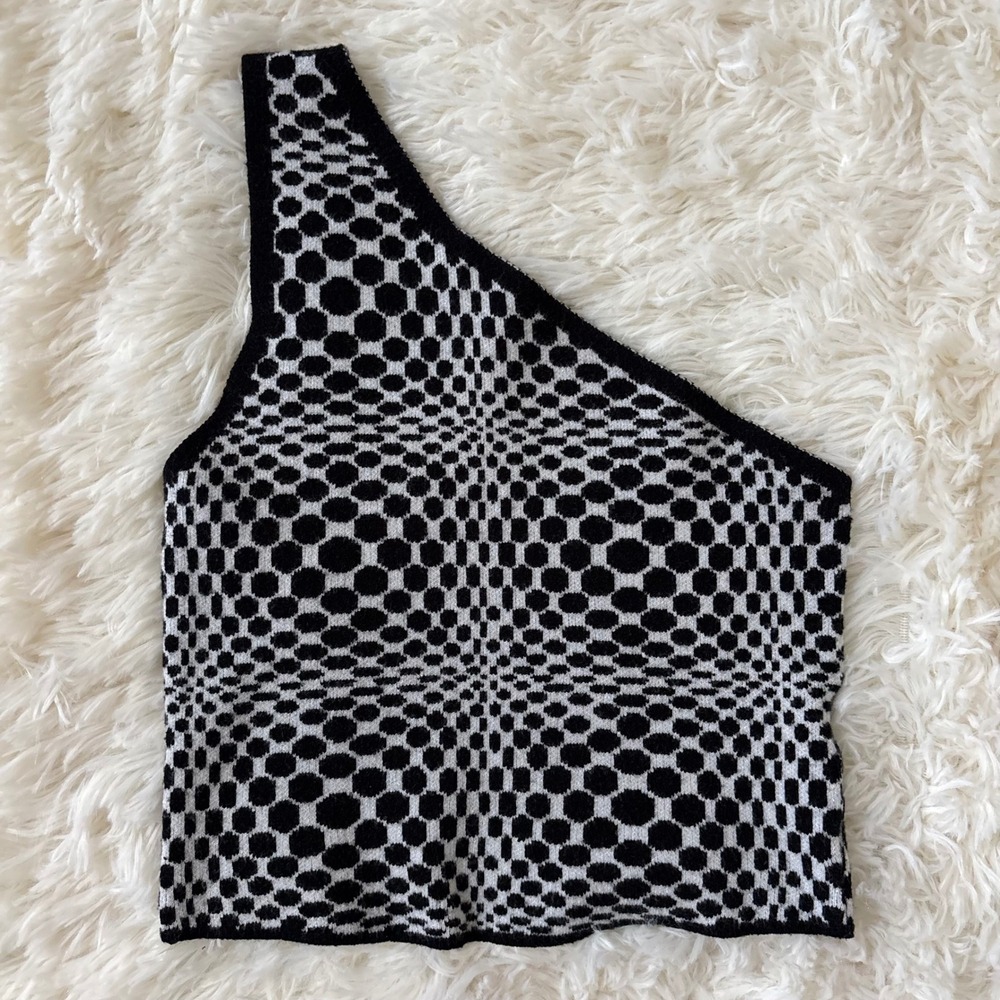 Motel Rocks One Shoulder Knit Crop Top Black White Geometric Optical Illusion XS